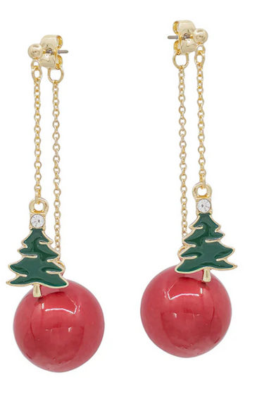 Red Ball Christmas Tree Drop Earrings