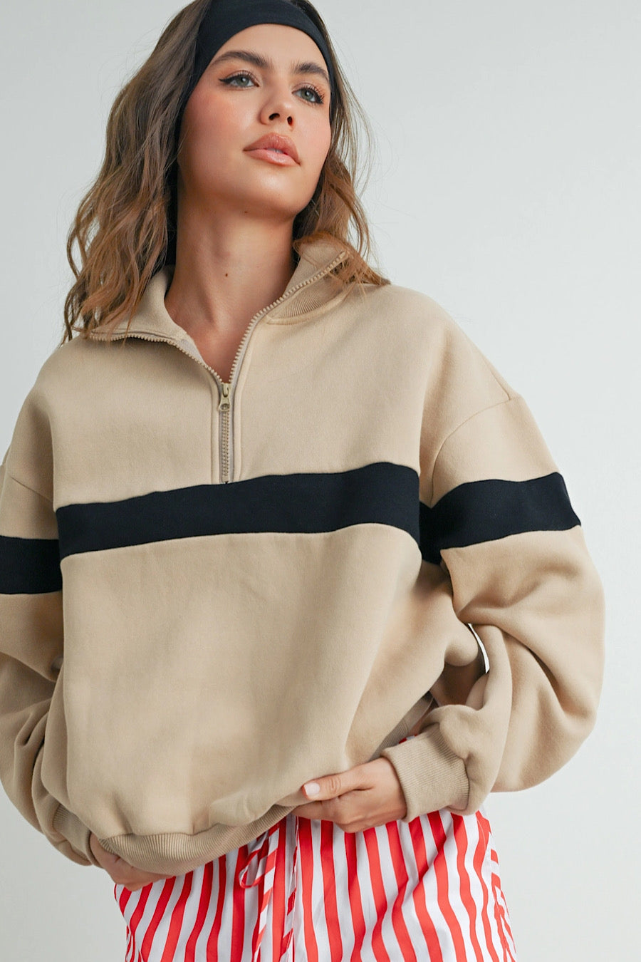 No Pain No Gain Stripe Sweatshirt Taupe/Black