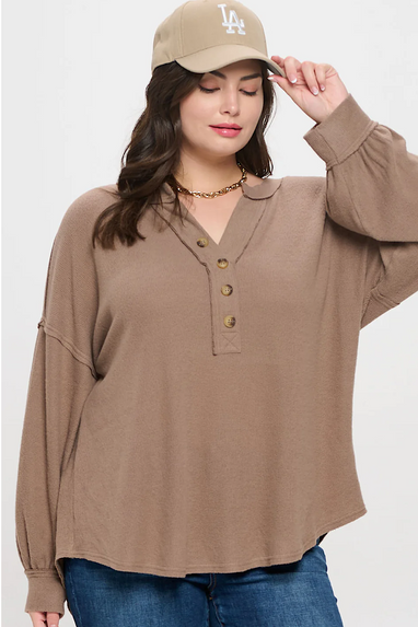 Going for Coffee Knit Henley Curvy Top