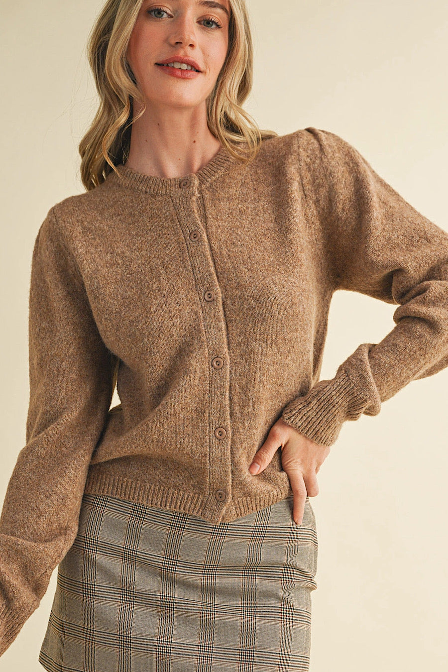 Soft Energy Puff Sleeve Cardigan Mocha