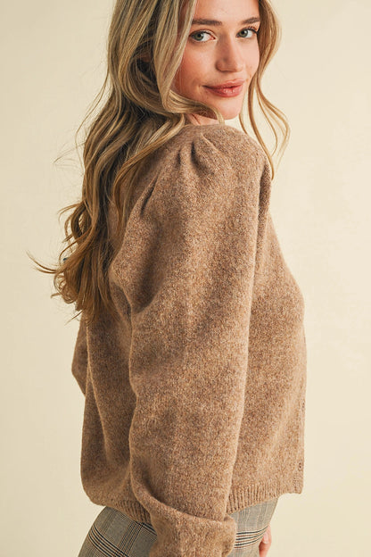 Soft Energy Puff Sleeve Cardigan Mocha