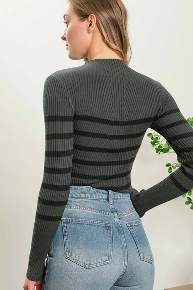 Striped Mock Neck Sweater Hunter Green