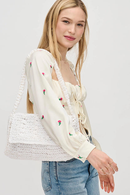 Anika Raffia Crossbody Bag in White or Pink.