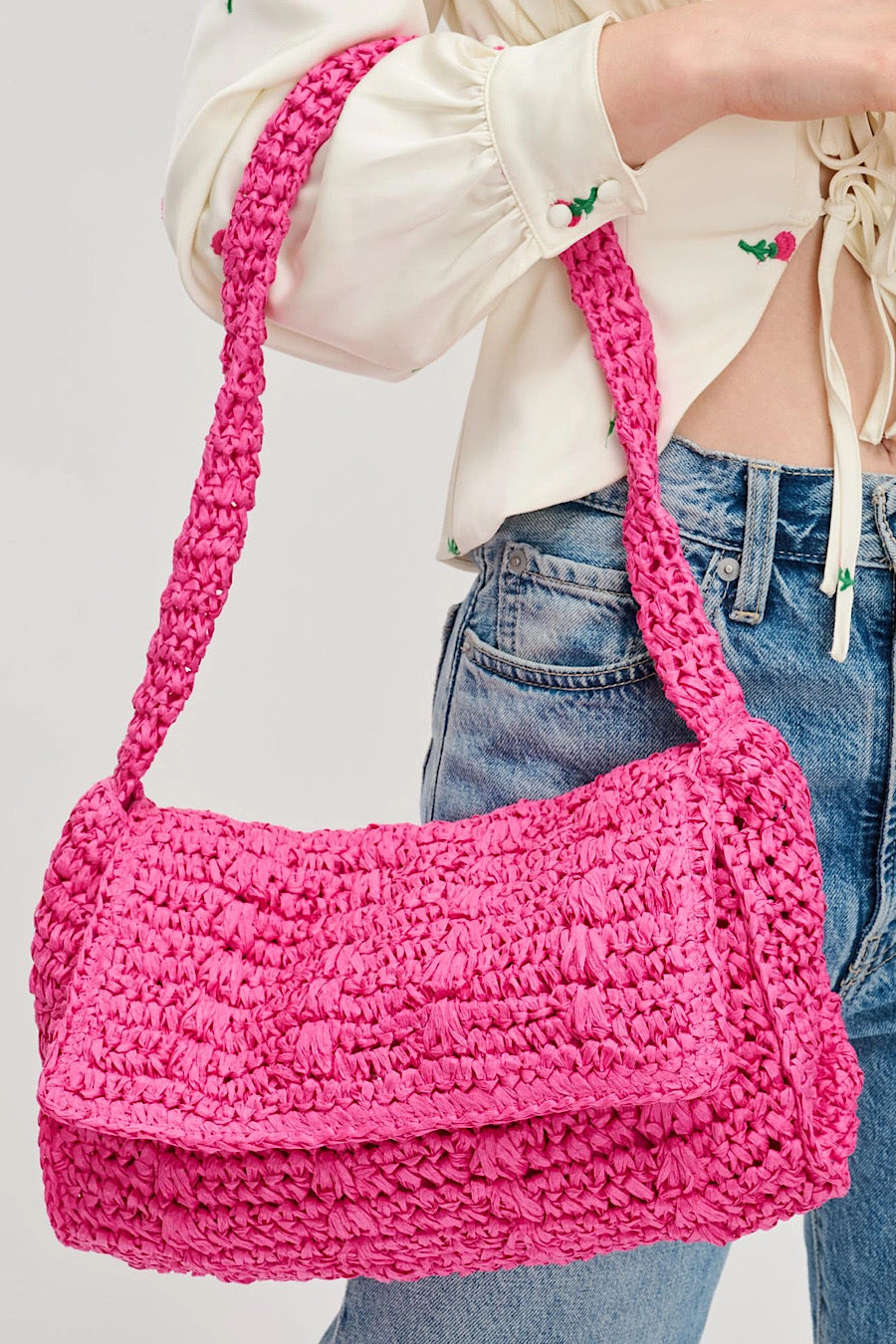 Anika Raffia Crossbody Bag in White or Pink.