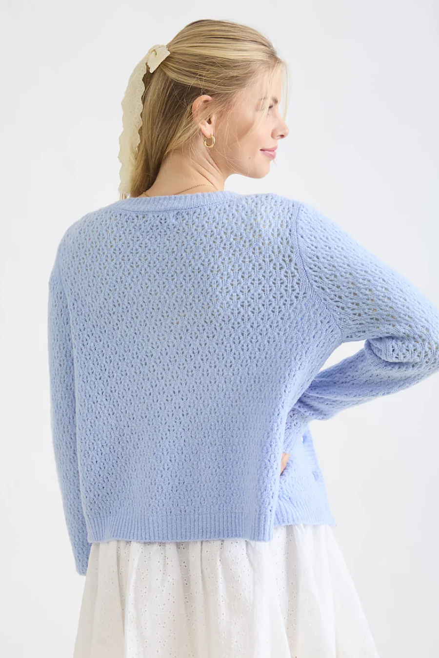 Reset Time Eyelet Knit Cardigan Blue