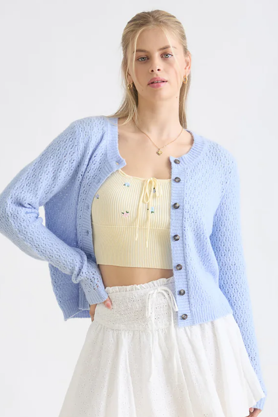 Reset Time Eyelet Knit Cardigan Blue