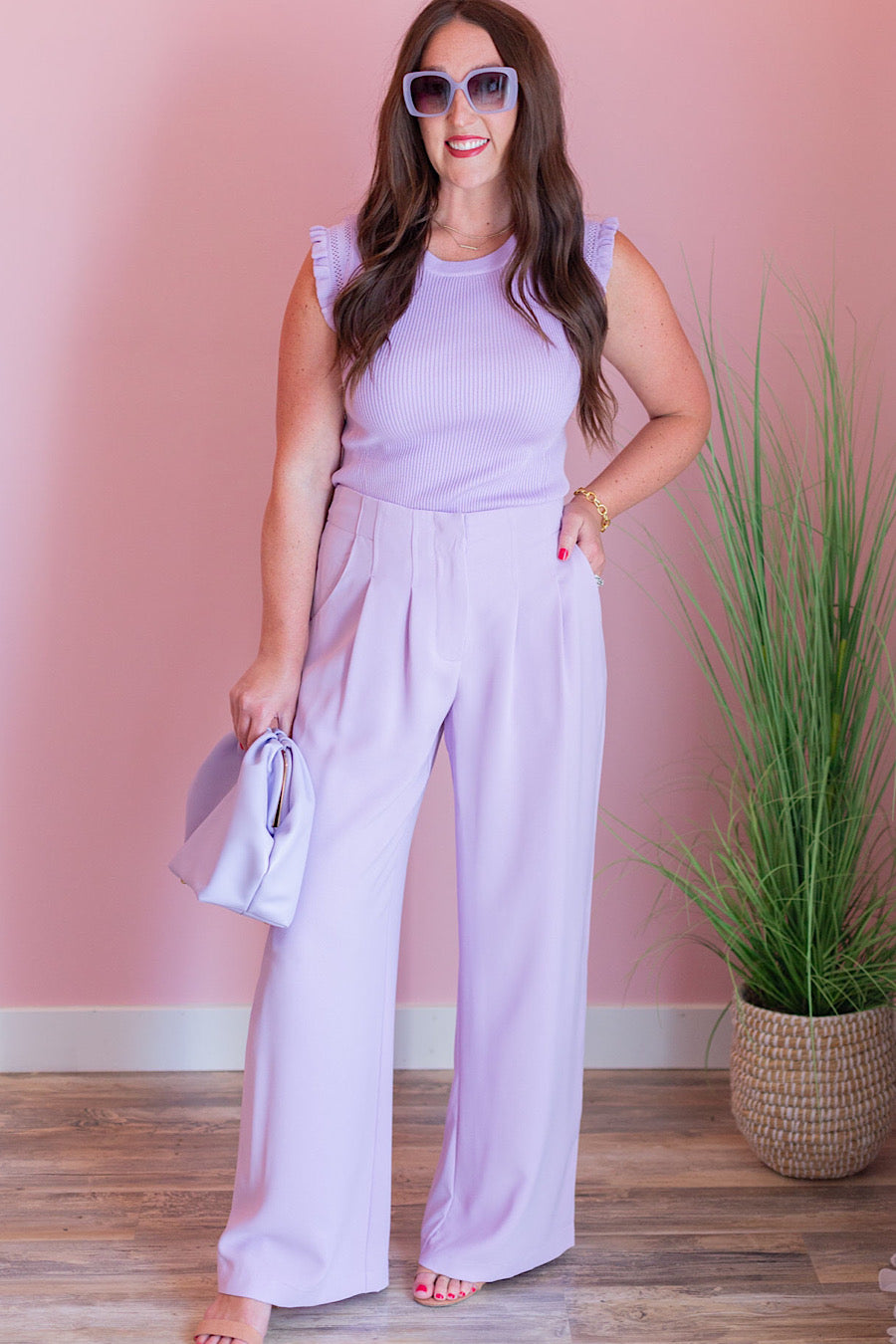 Pintuck Wide Leg Pants in Lilac