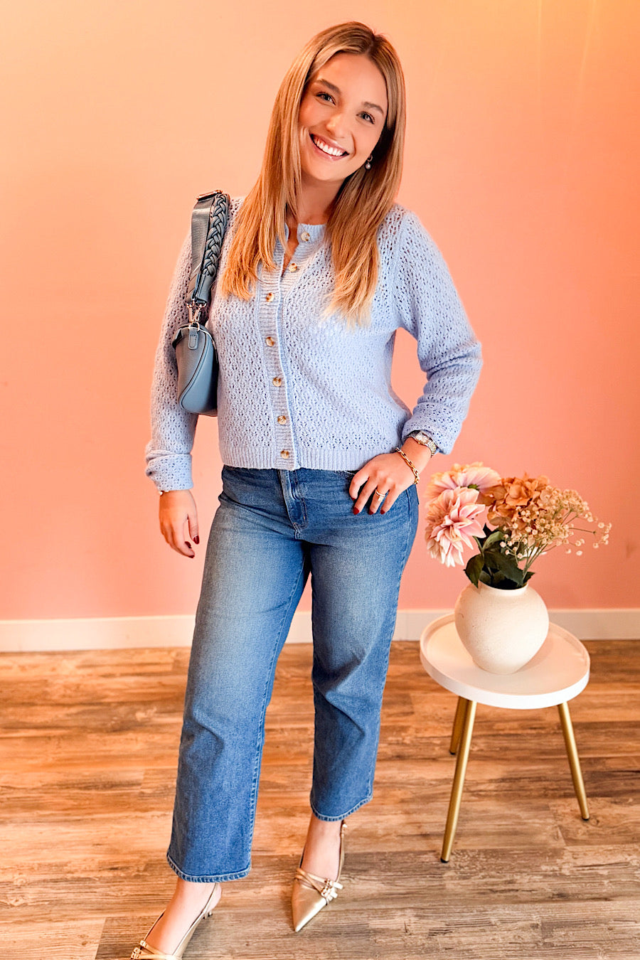 Reset Time Eyelet Knit Cardigan Blue