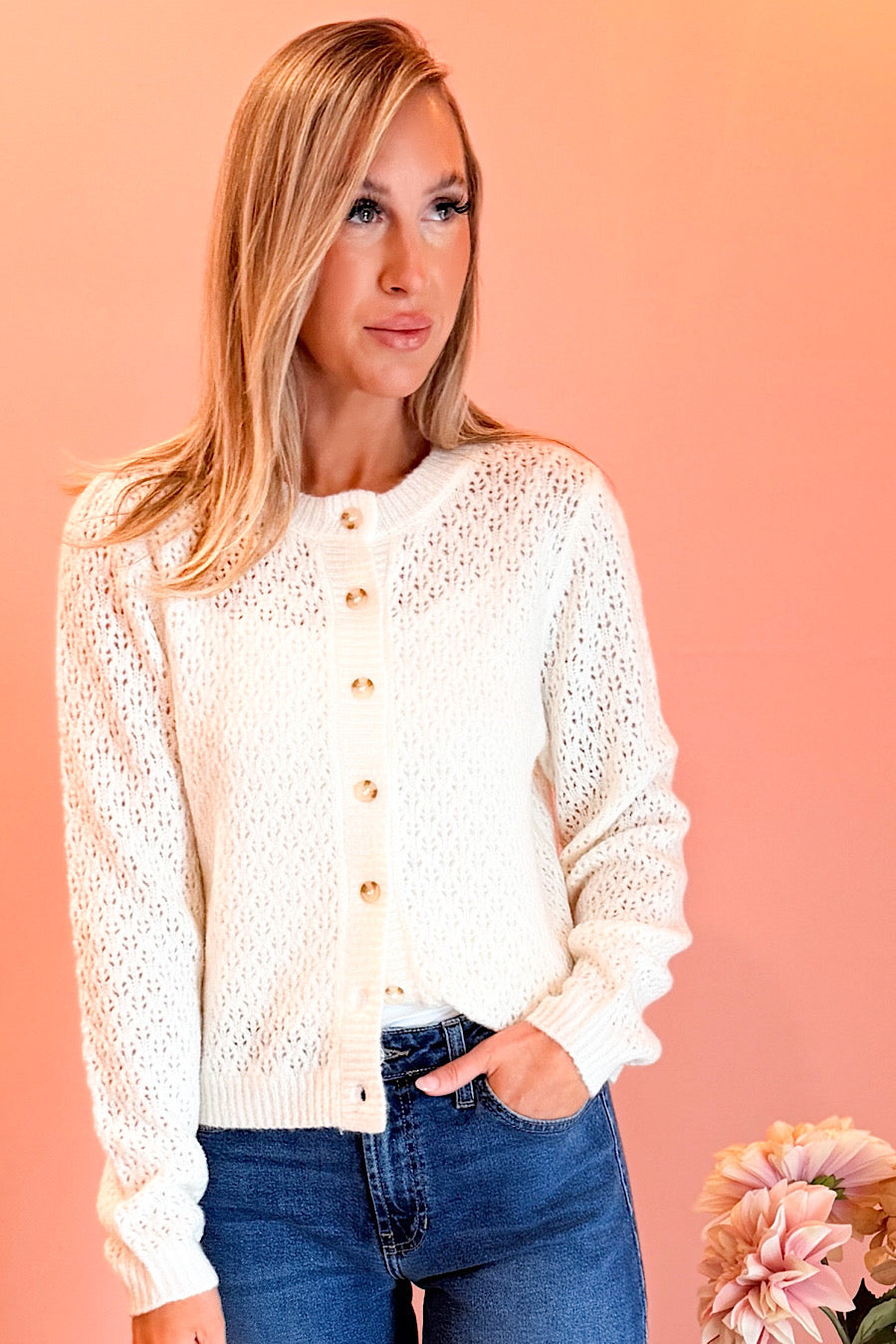 Reset Time Eyelet Knit Cardigan Cream