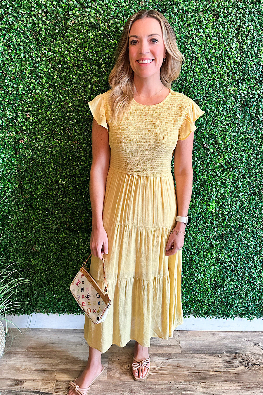 Sienna Smocked Midi Dress Dusty Yellow
