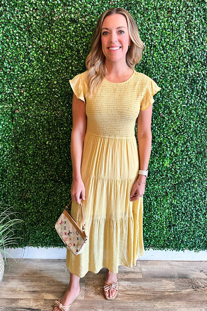 Sienna Smocked Midi Dress Dusty Yellow