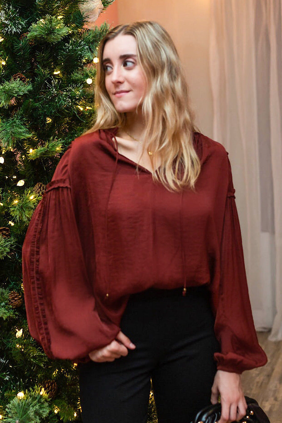 Vino Satin Tie Neck Blouse Top