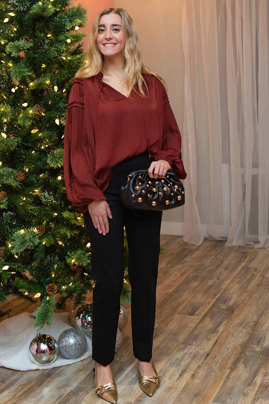 Vino Satin Tie Neck Blouse Top