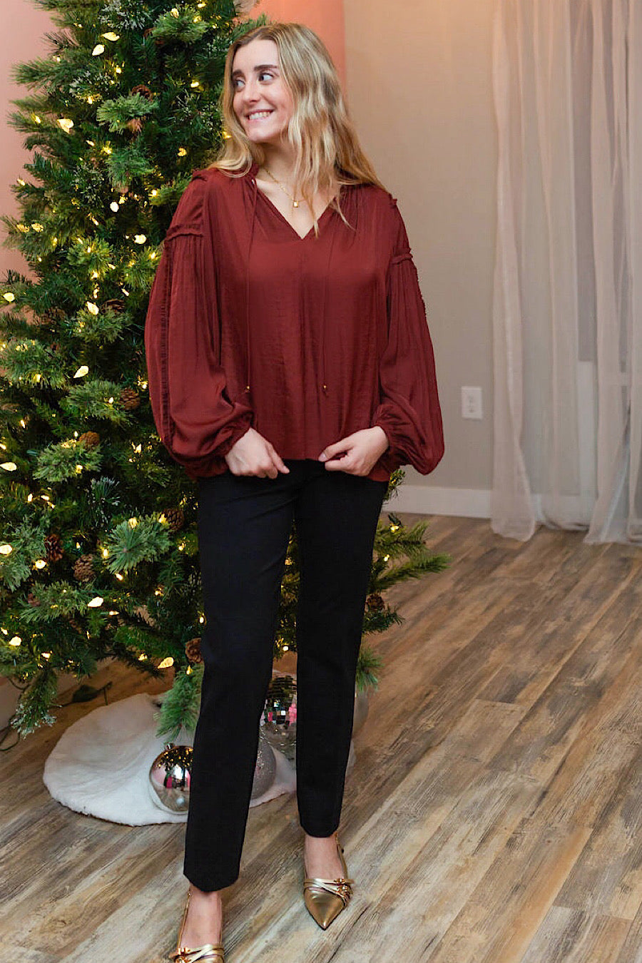 Vino Satin Tie Neck Blouse Top