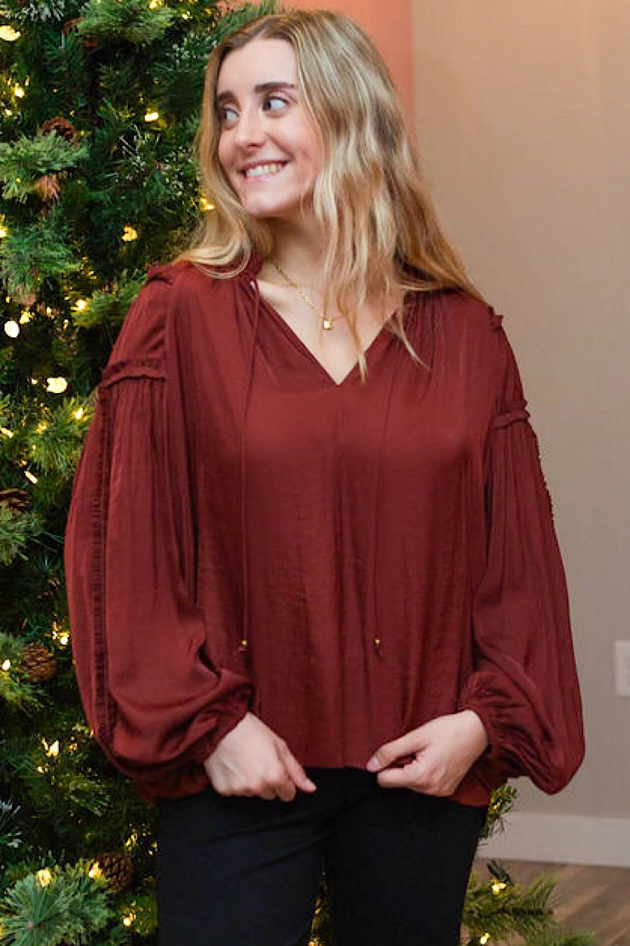 Vino Satin Tie Neck Blouse Top