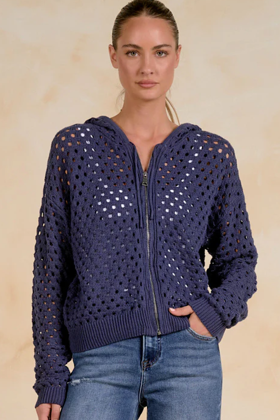 Ava Open Knit Hoodie Cardigan Jacket Navy