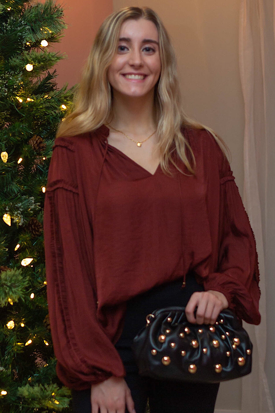 Vino Satin Tie Neck Blouse Top
