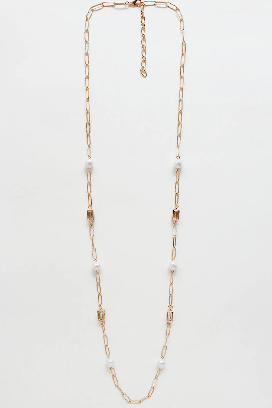 Long Pearl &amp; Gold Textured Chain Necklace