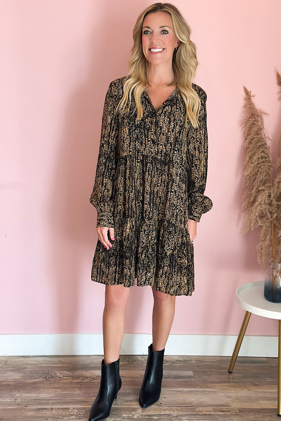 Gold Wisteria Neck Tie Pleated Dress