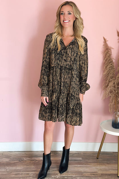 Gold Wisteria Neck Tie Pleated Dress