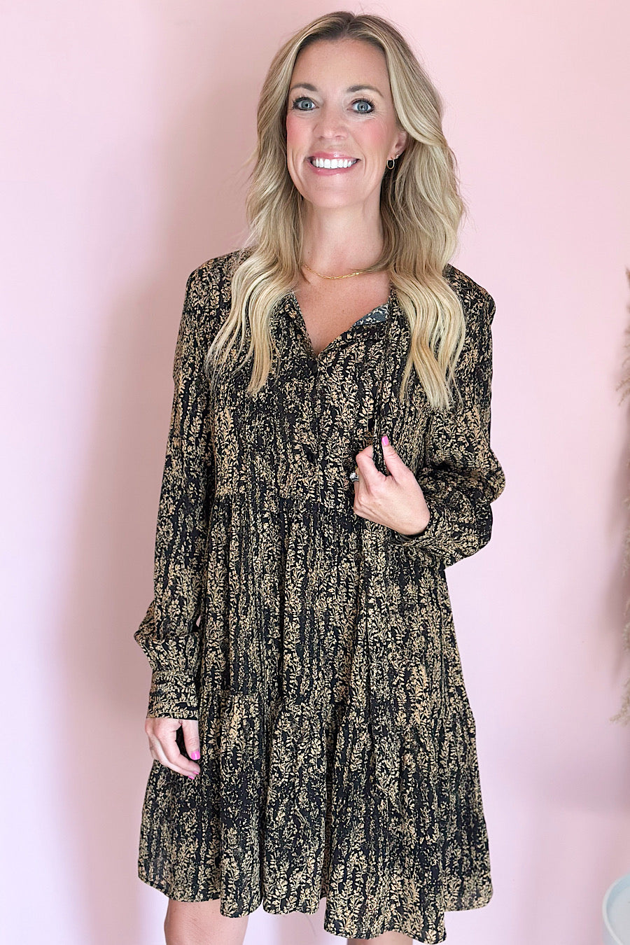 Gold Wisteria Neck Tie Pleated Dress