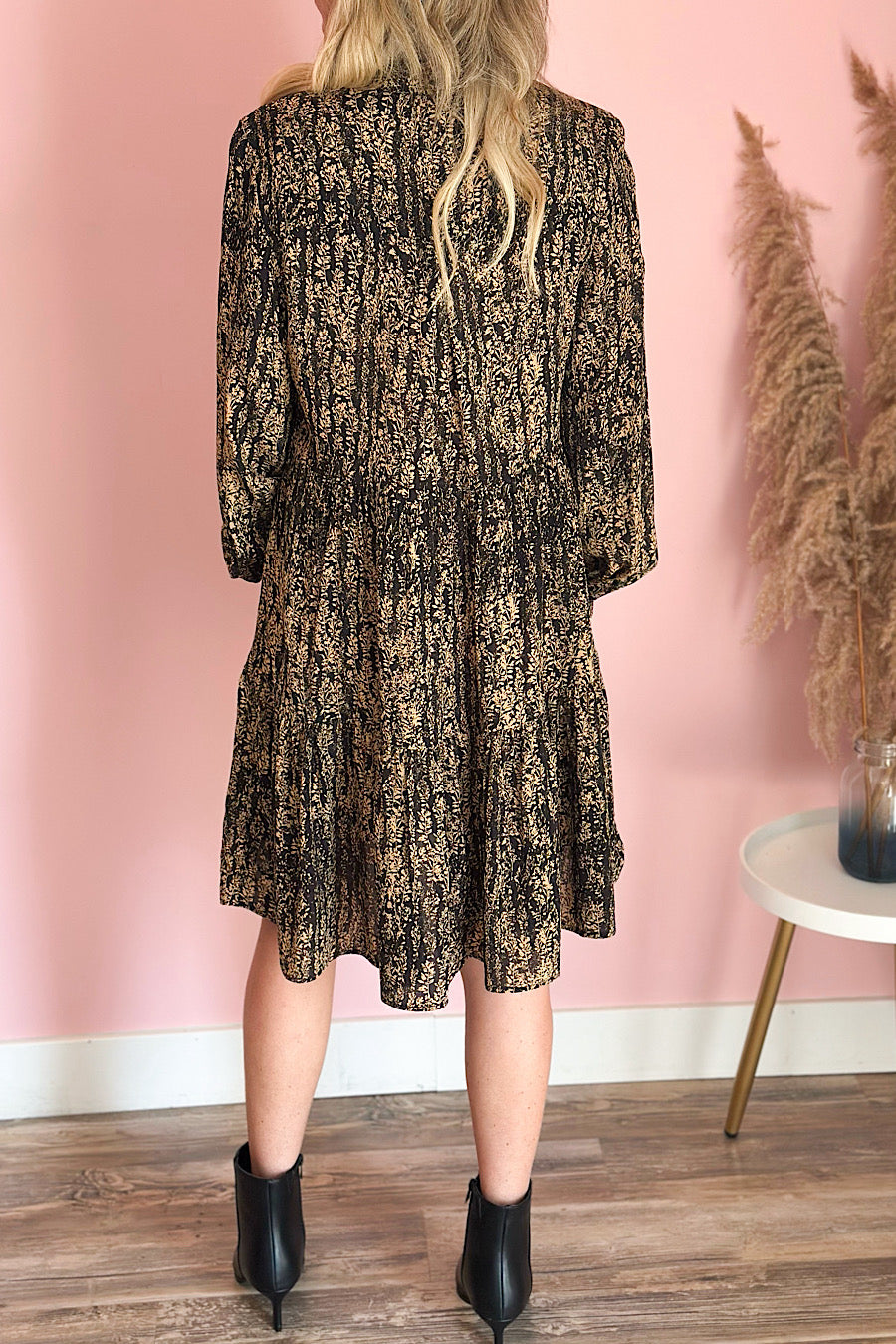 Gold Wisteria Neck Tie Pleated Dress