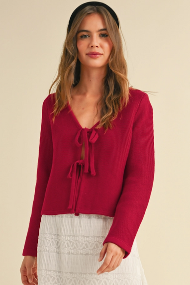 My Gift Tie Front Cardigan Red