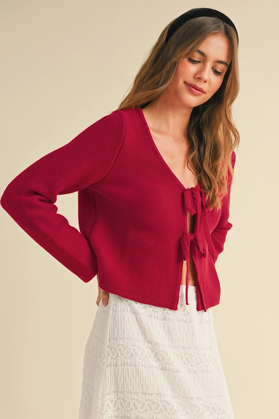My Gift Tie Front Cardigan Red