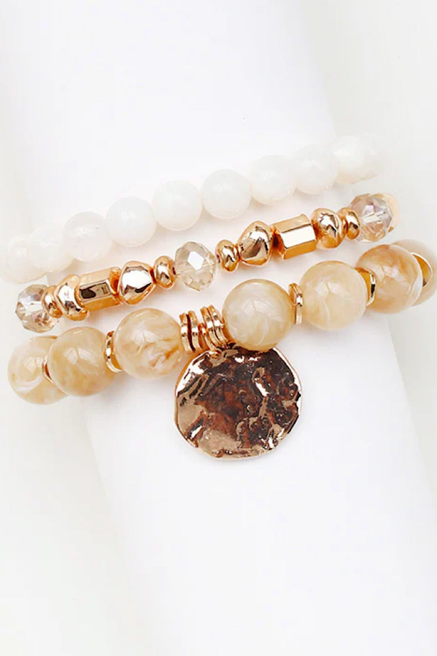 Natural &amp; White Stone Beaded Coin Bracelet Set