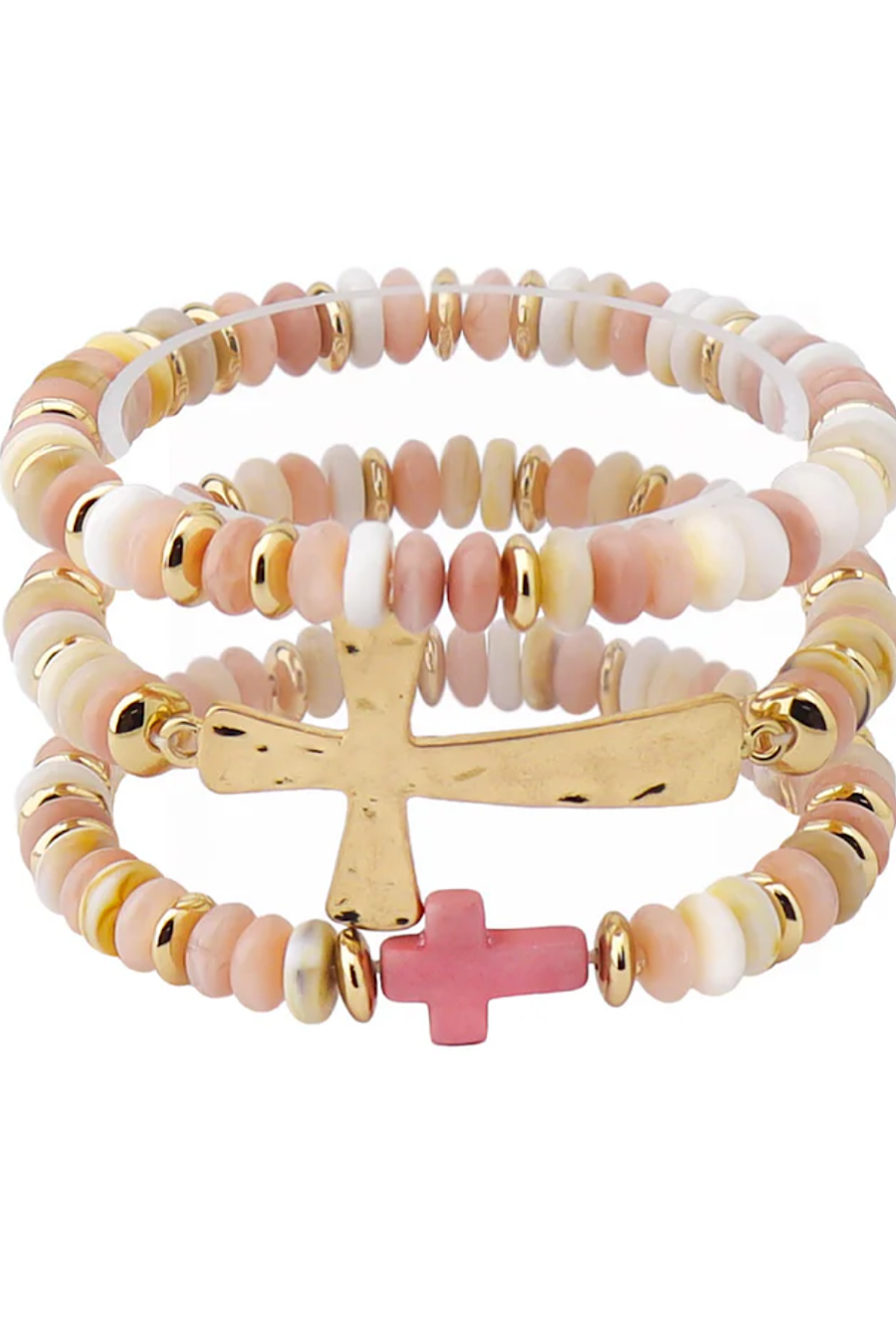 Beaded Cross Stretch Bracelet Set in Pink or White