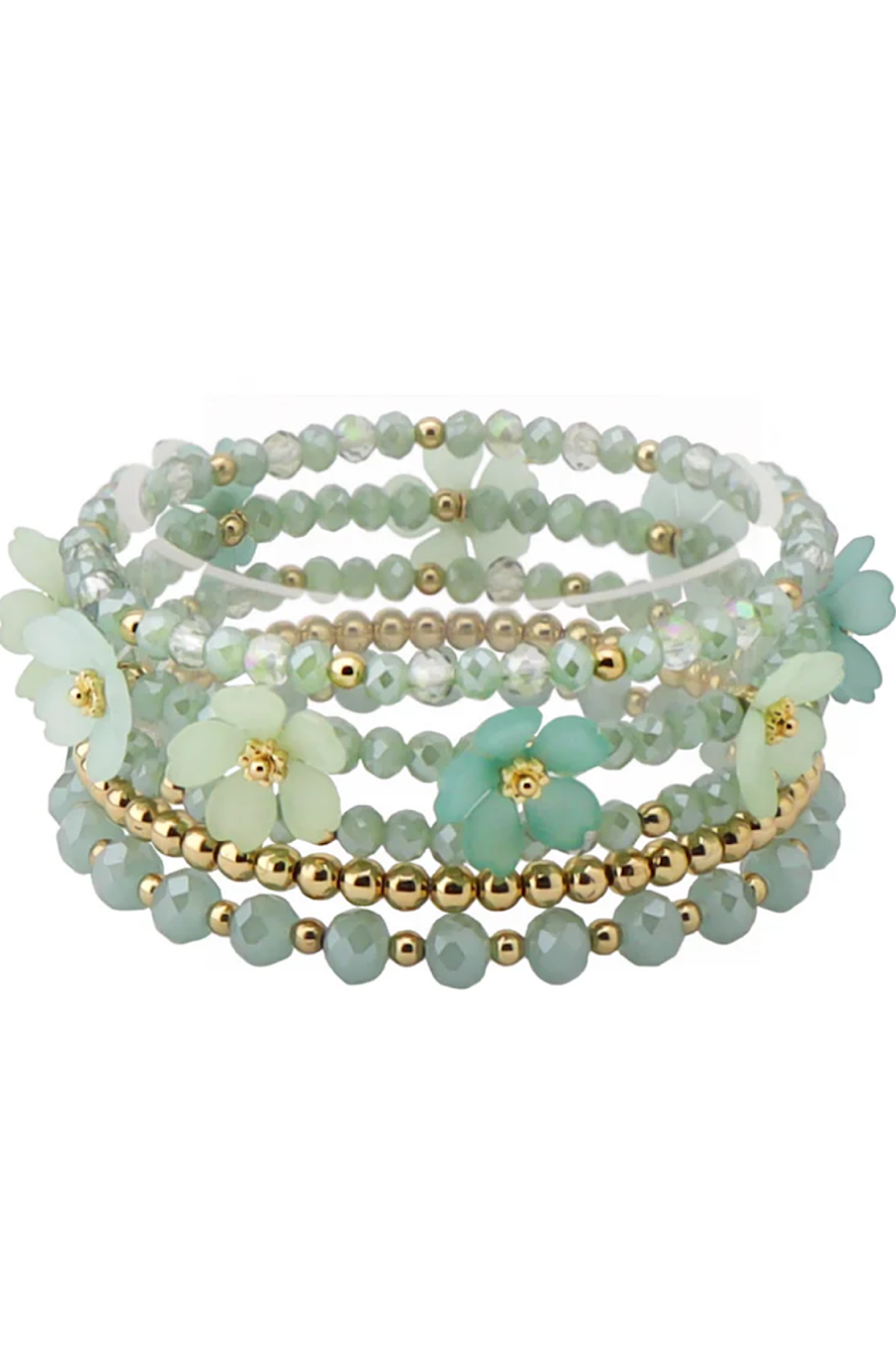 Flower &amp; Crystal Beaded Bracelet Set in Mint or Pink
