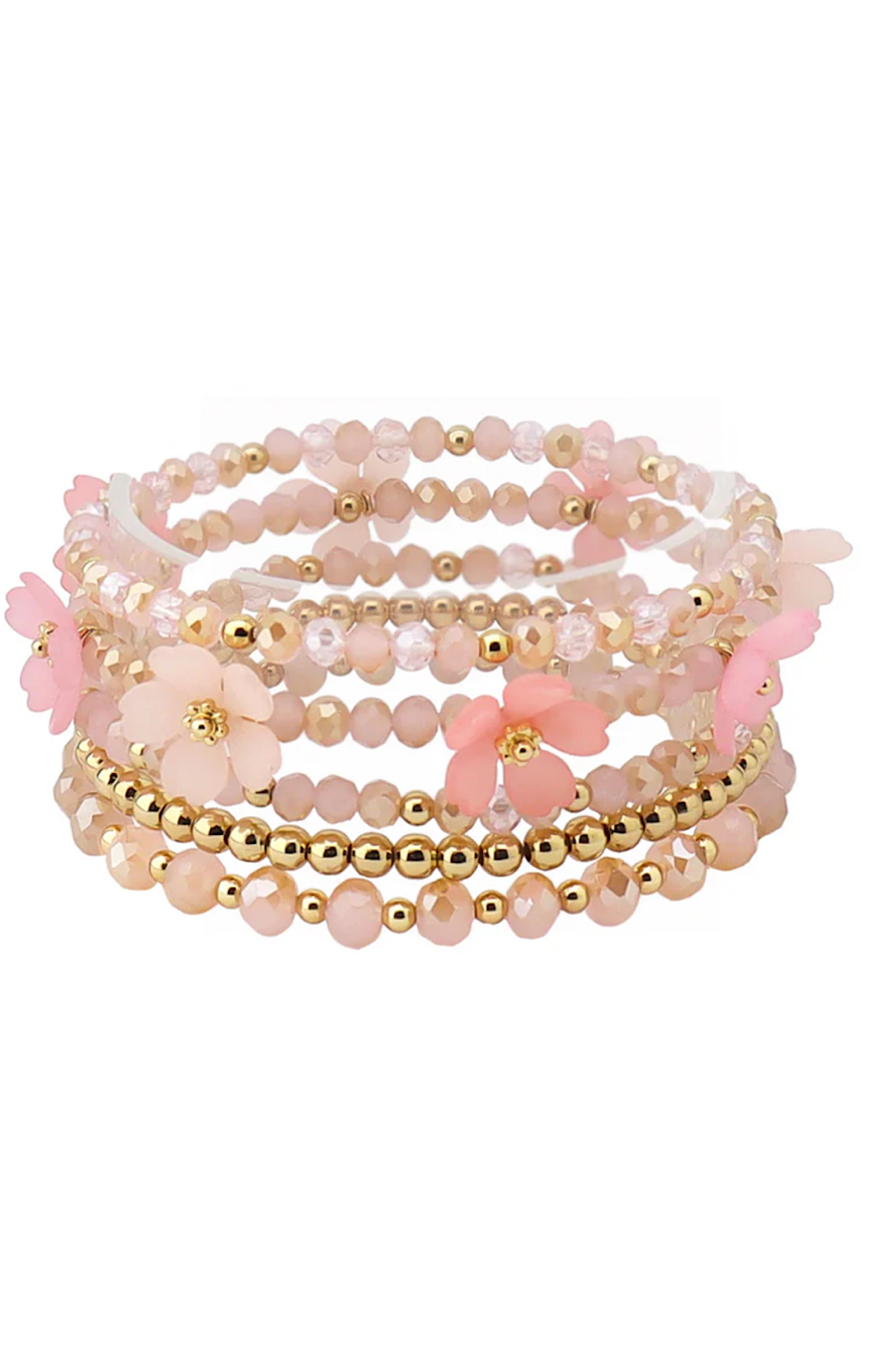 Flower &amp; Crystal Beaded Bracelet Set in Mint or Pink