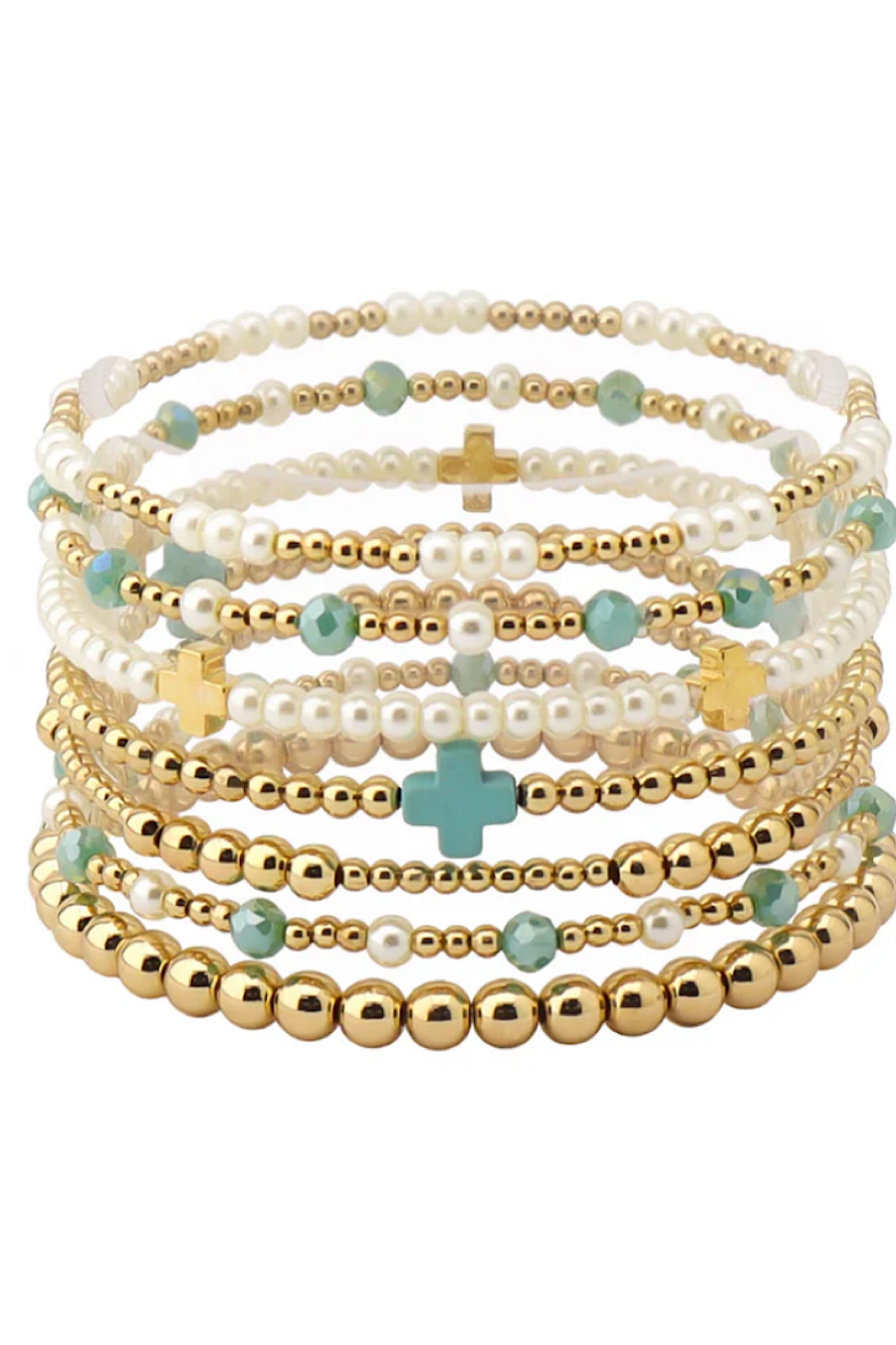 Mint Cross Beaded Bracelet Set of 7