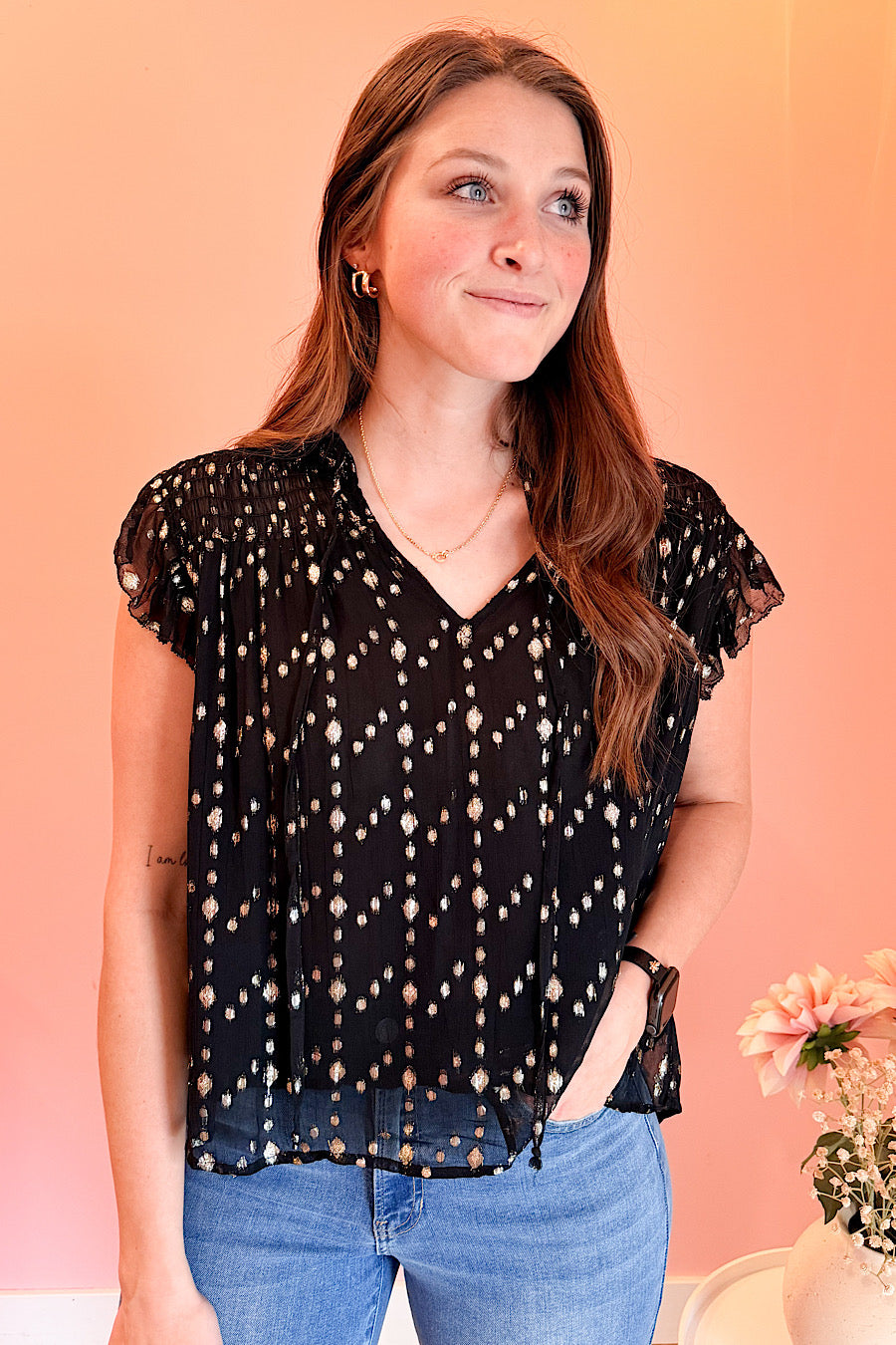 On the VIP List Gold Lurex Blouse Black