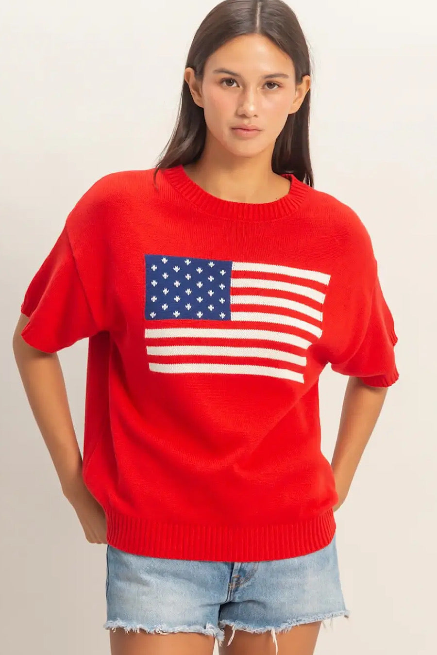 Red American Flag Short Sleeve Sweater