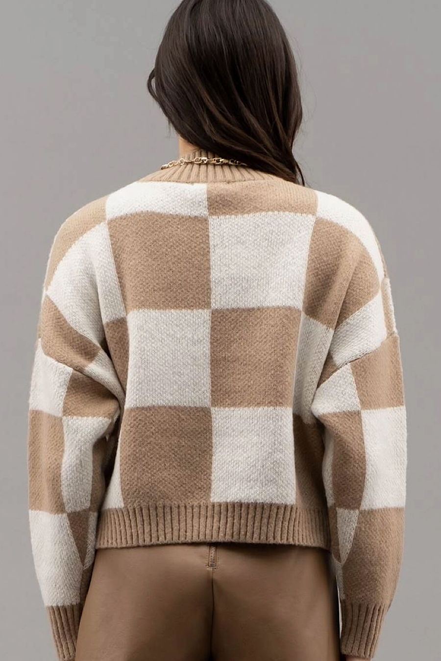 Checkered Pullover Sweater Camel