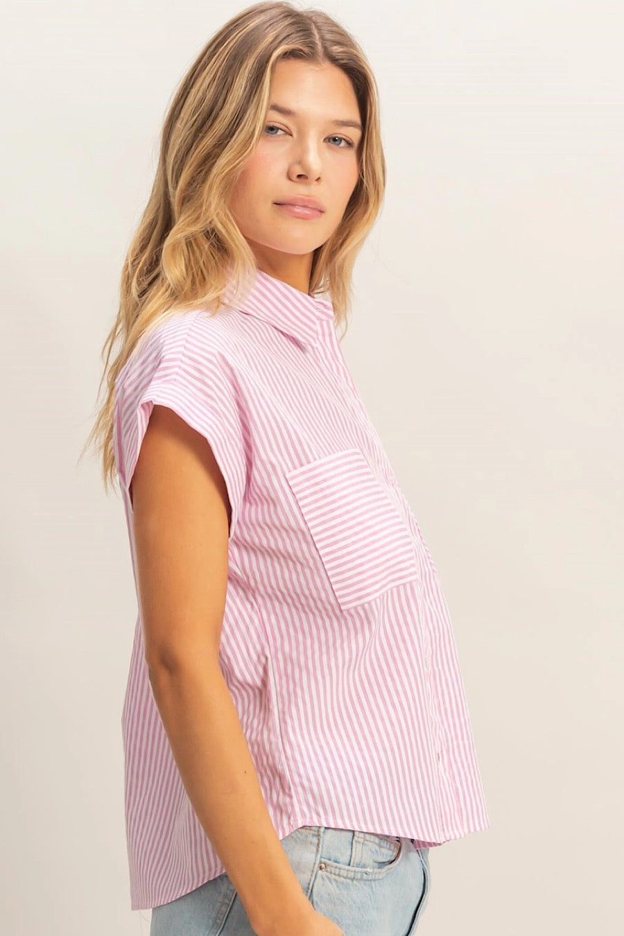 I’m Not Out Striped Button Down Blouse Pink