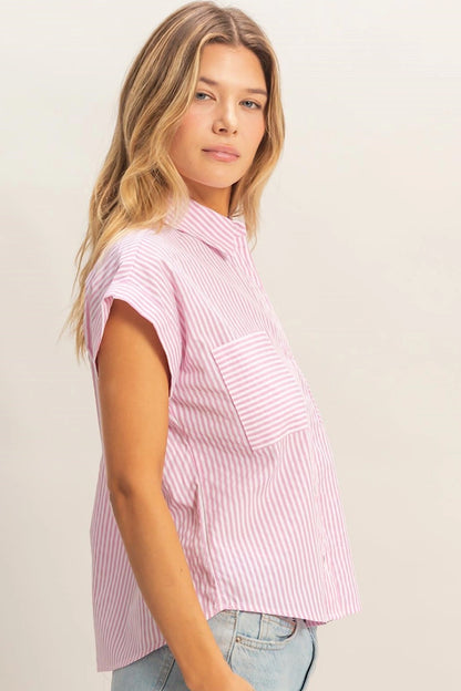 I’m Not Out Striped Button Down Blouse Pink