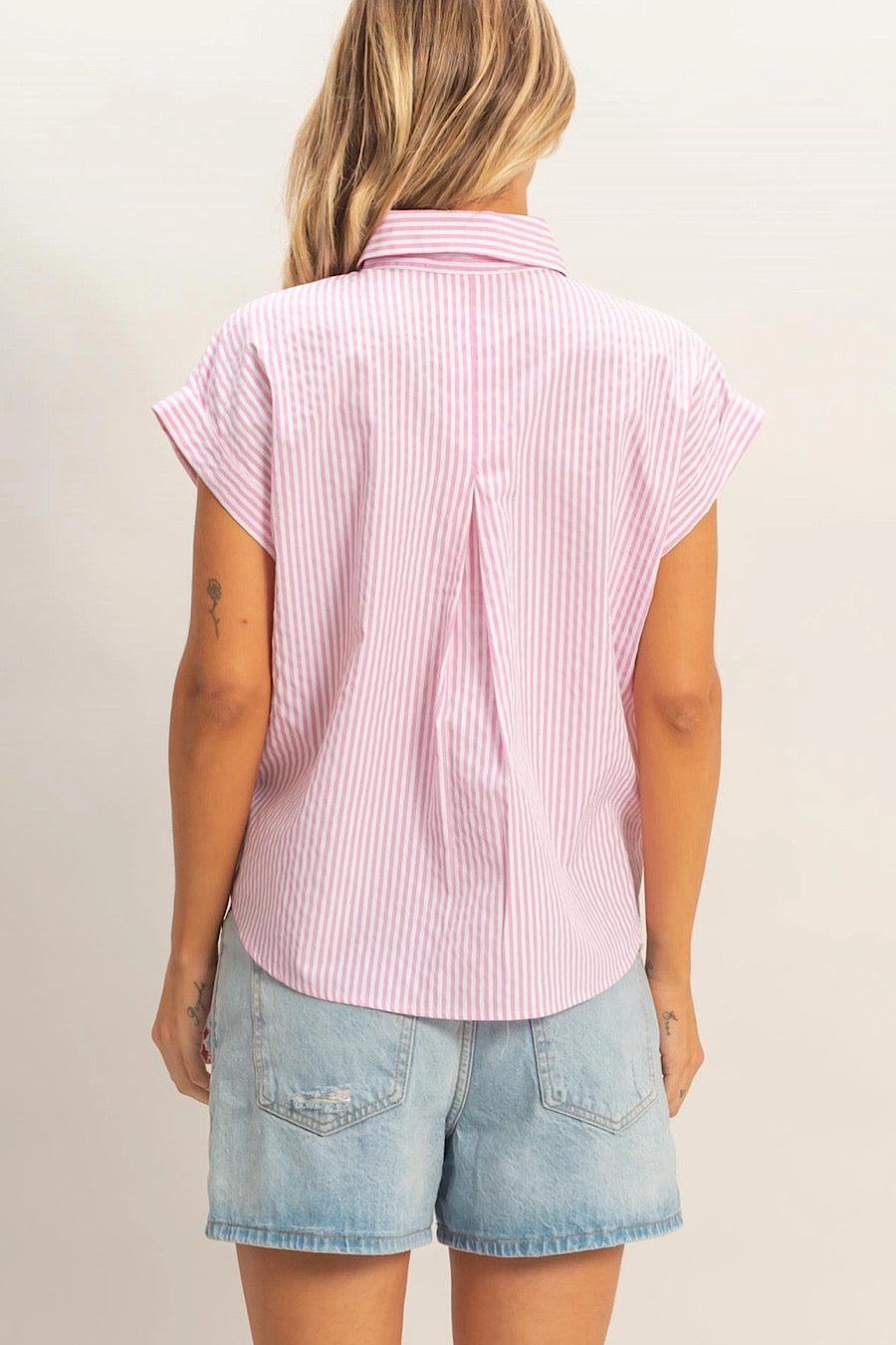 I’m Not Out Striped Button Down Blouse Pink