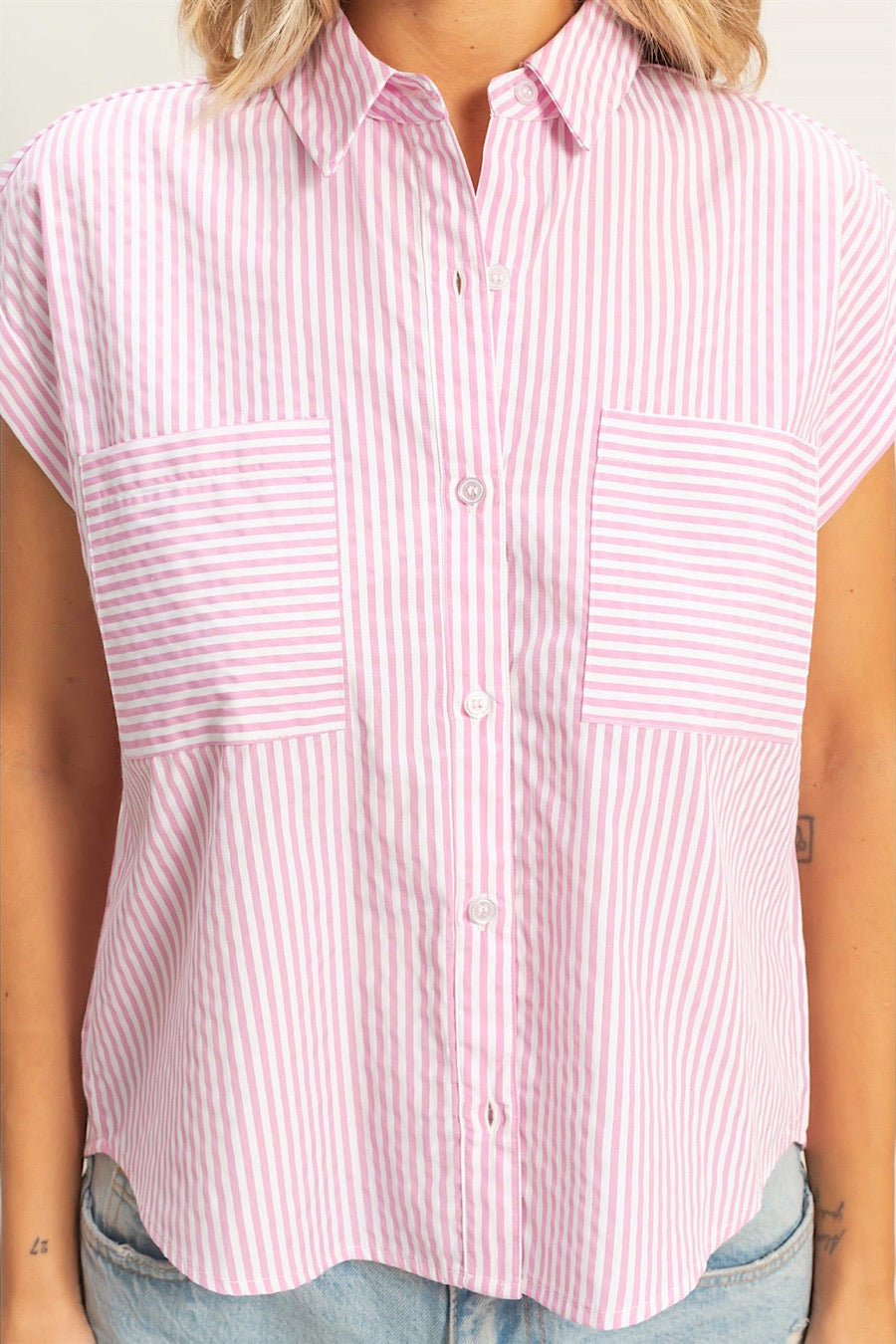 I’m Not Out Striped Button Down Blouse Pink