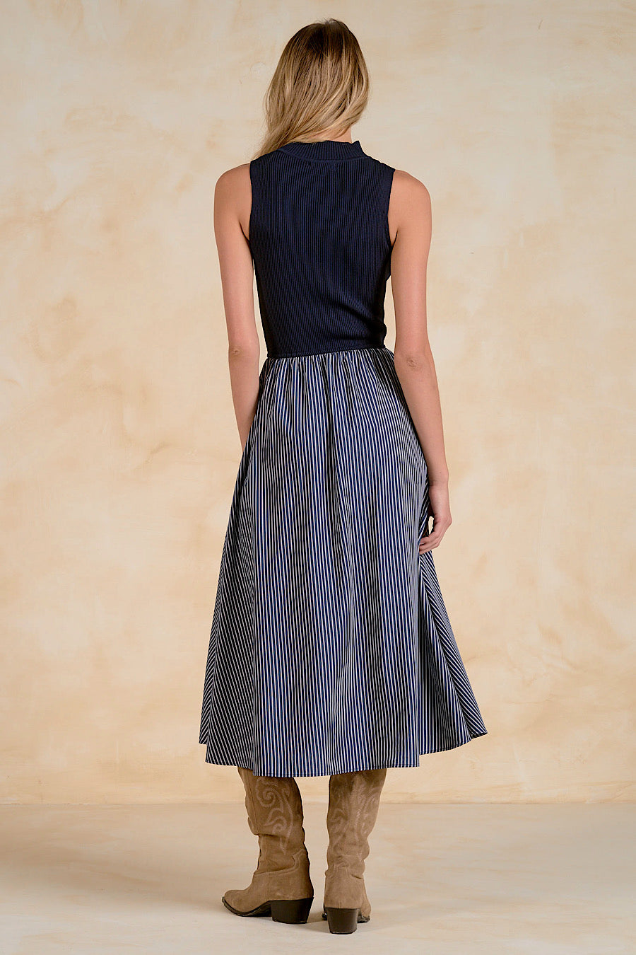 Harlow Mixed Media Midi Dress Navy