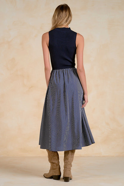 Harlow Mixed Media Midi Dress Navy