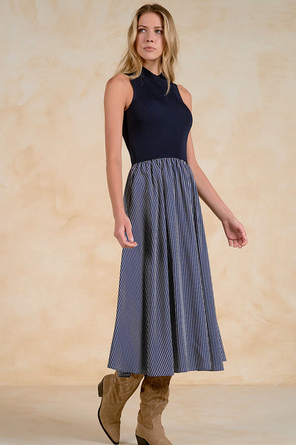 Harlow Mixed Media Midi Dress Navy