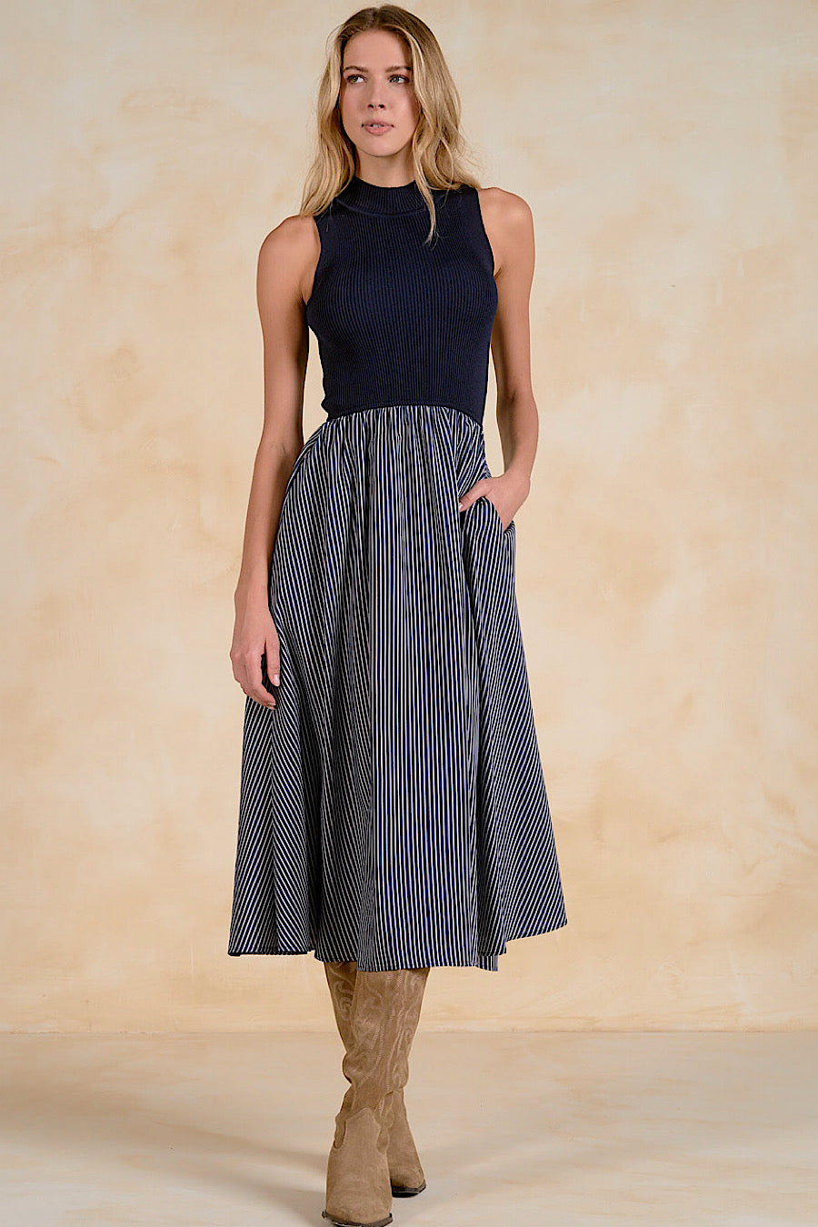 Harlow Mixed Media Midi Dress Navy