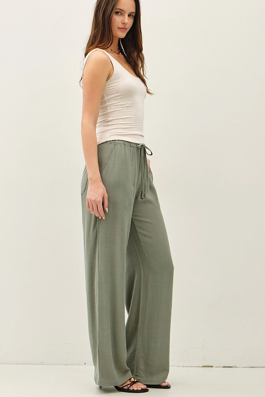 Passport Wide Leg Drawstring Pants Olive