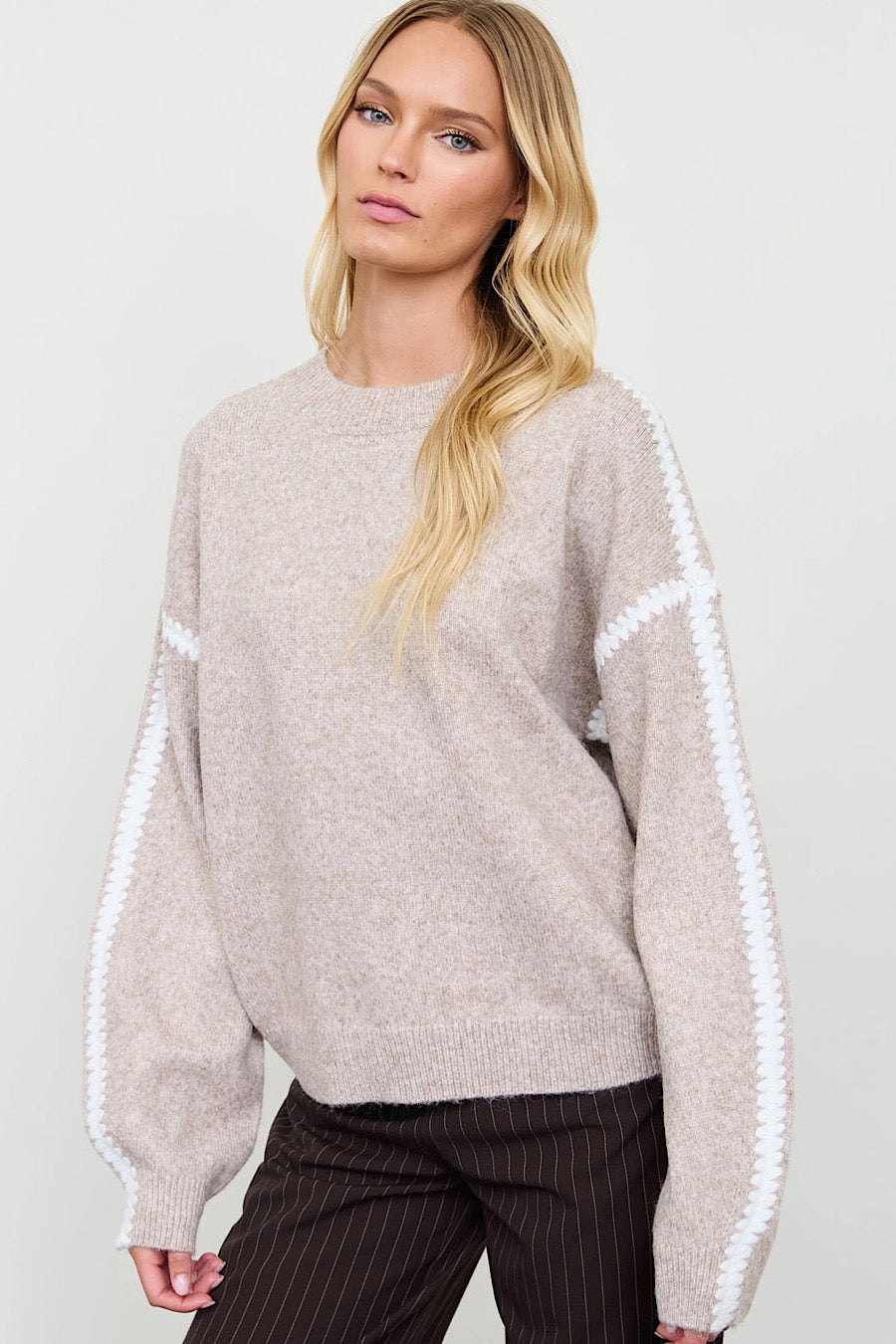 Marled Contrast Stitch Sweater in Oatmeal