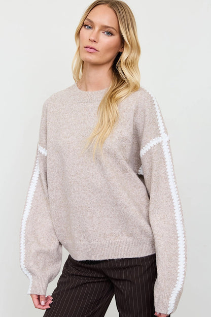 Marled Contrast Stitch Sweater in Oatmeal