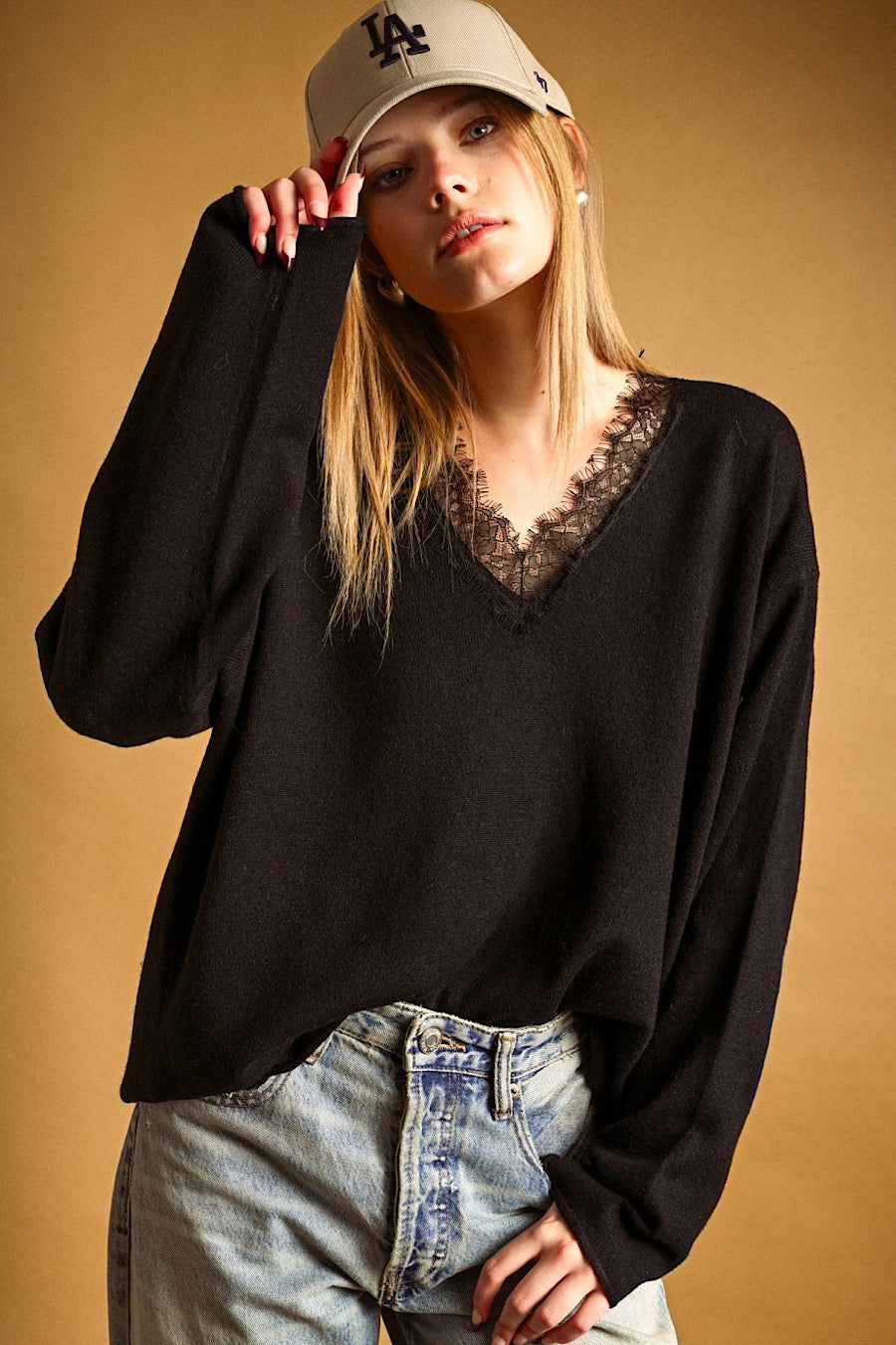 Amazing Lace V-Neckline Sweater Black