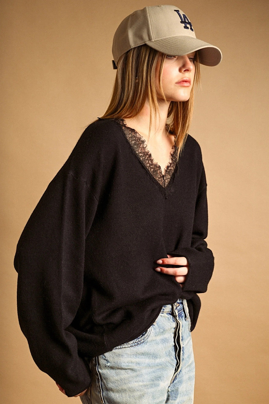 Amazing Lace V-Neckline Sweater Black