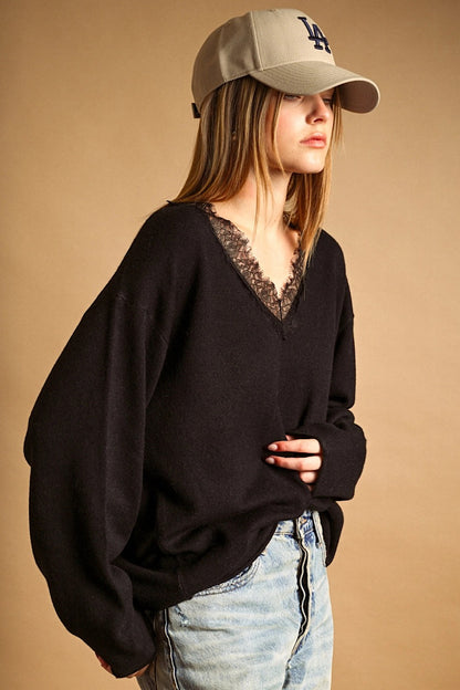 Amazing Lace V-Neckline Sweater Black